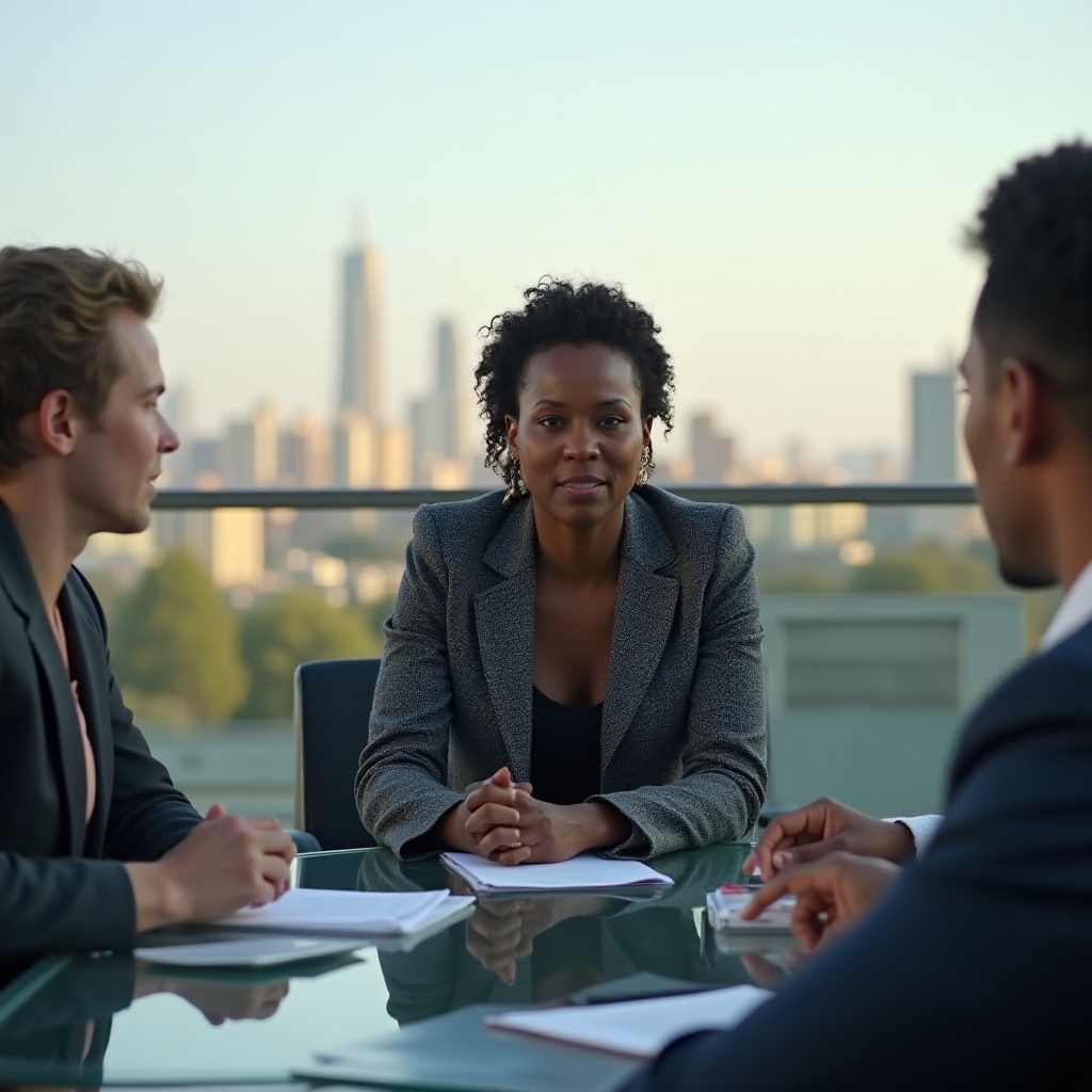 Confident professional woman leading a discussion at the head of a boardroom table with executive presence