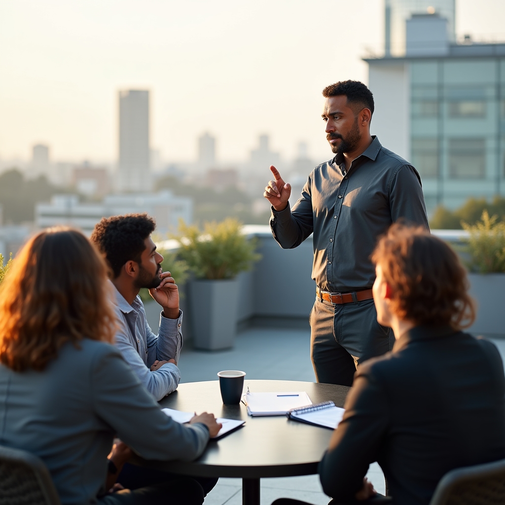 Professional practicing executive presence presentation in small group setting
