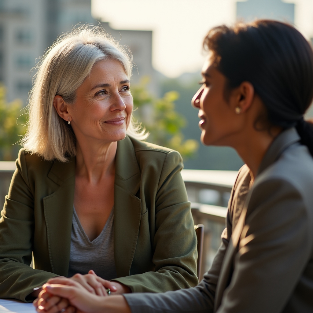 Experienced facilitator and senior professional in a candid development conversation outdoors