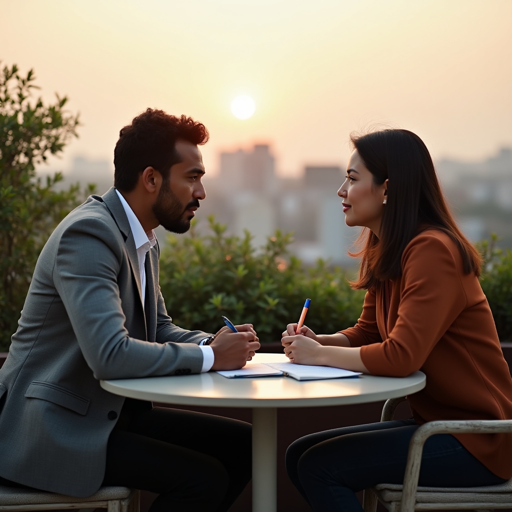 Two professionals in peer coaching conversation on a rooftop terrace