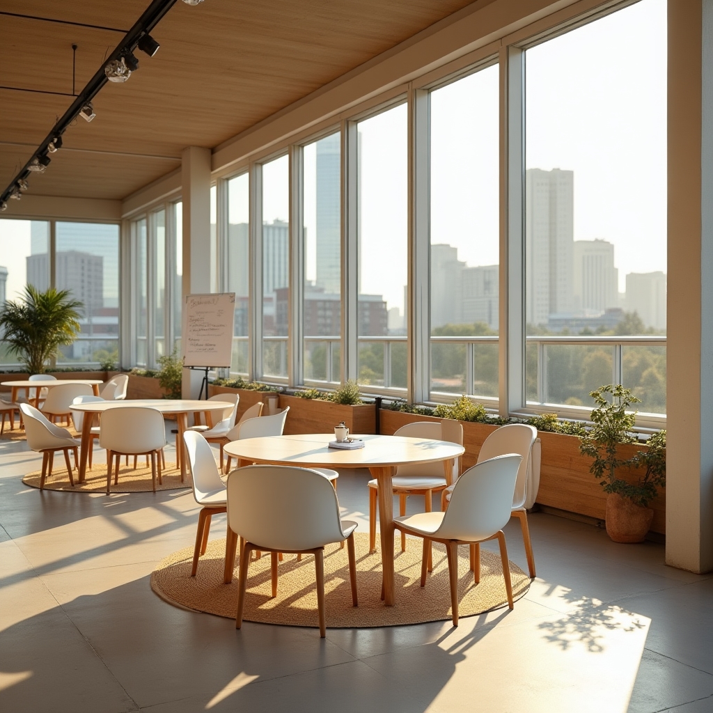 Modern workshop room set up for small-group leadership training with natural light