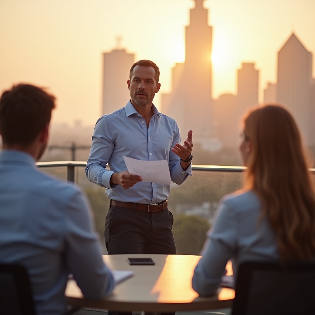 Senior individual contributor presenting confidently to a small group of stakeholders in a modern office
