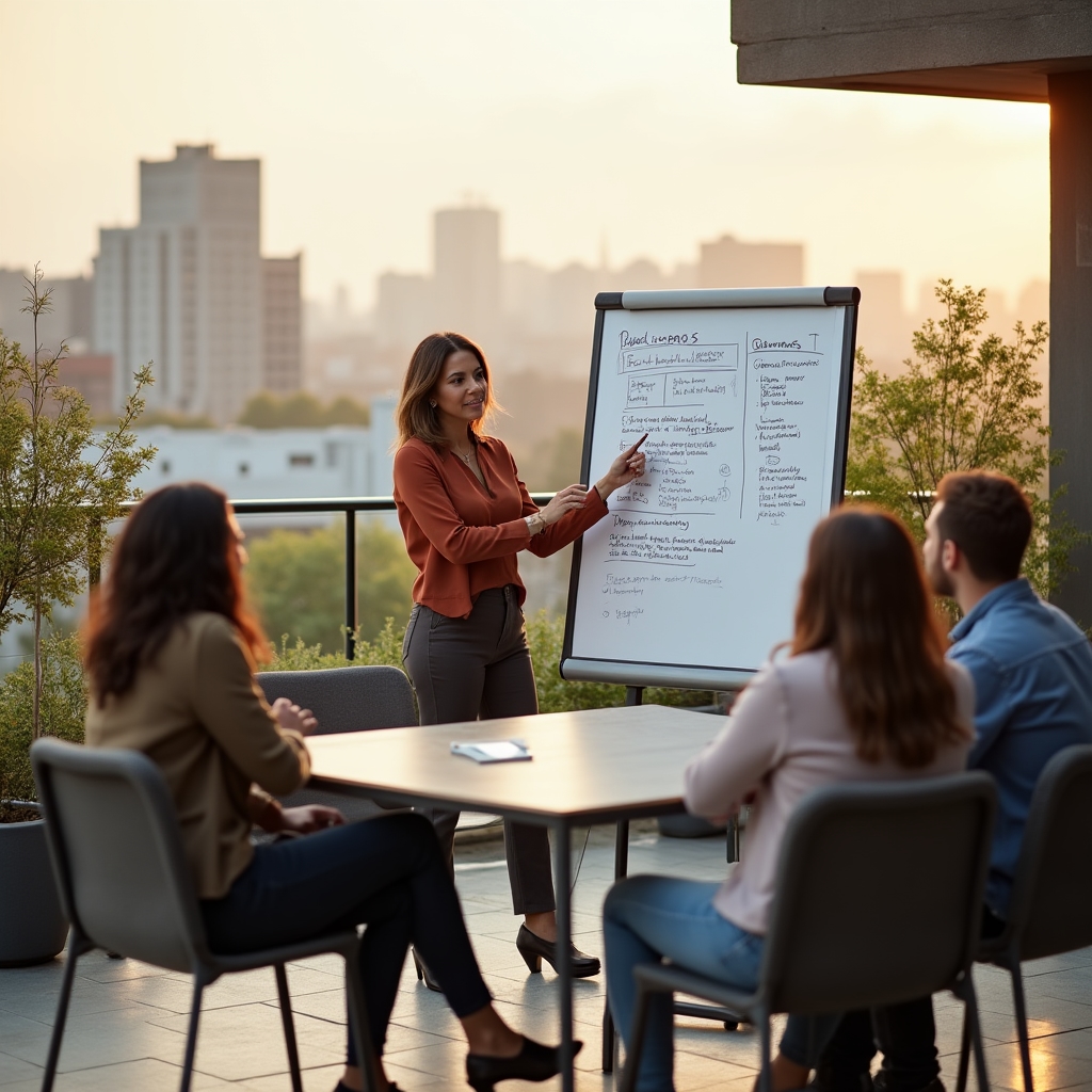 Facilitator leading a strategy session at a whiteboard with engaged professionals